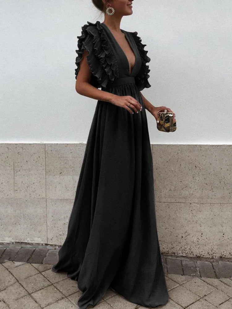 Elysia – Maxikleid mit tiefem V-Ausschnitt und Rüschenärmeln