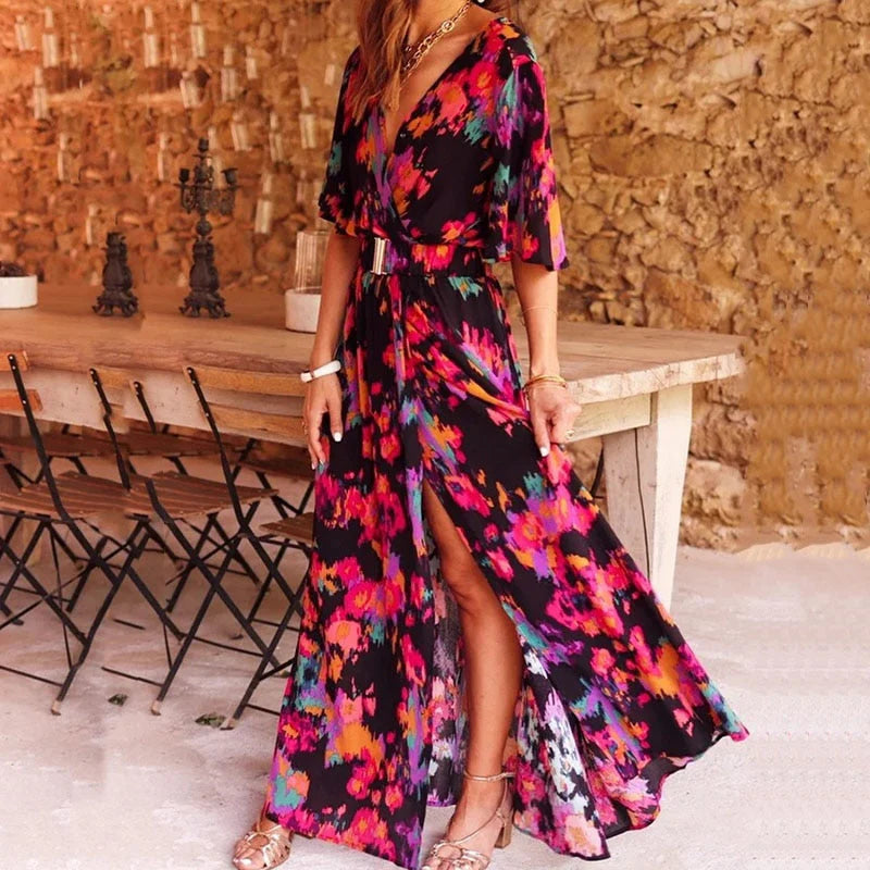 Ivory – Boho-Maxikleid mit V-Ausschnitt und Gürtel